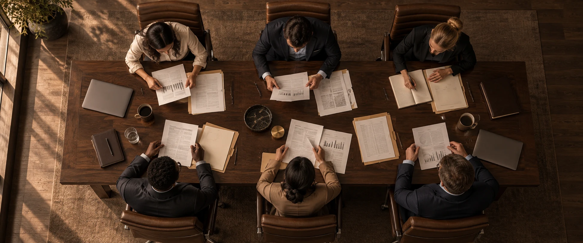 Bird’s-eye view of six colleagues reviewing paper files around a walnut boardroom table.